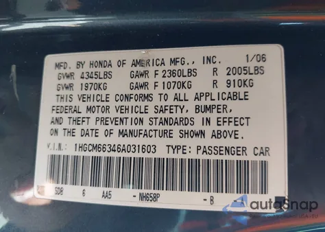 2006 Honda Accord 3.0 Lx из США, поврежденный, VIN 1HGCM66346A031603